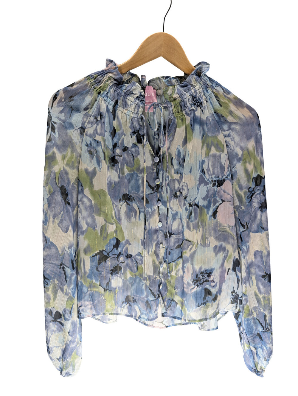 Muse Floral Sheer Blouse w/ Ruffle Neck & Tie (Size M)